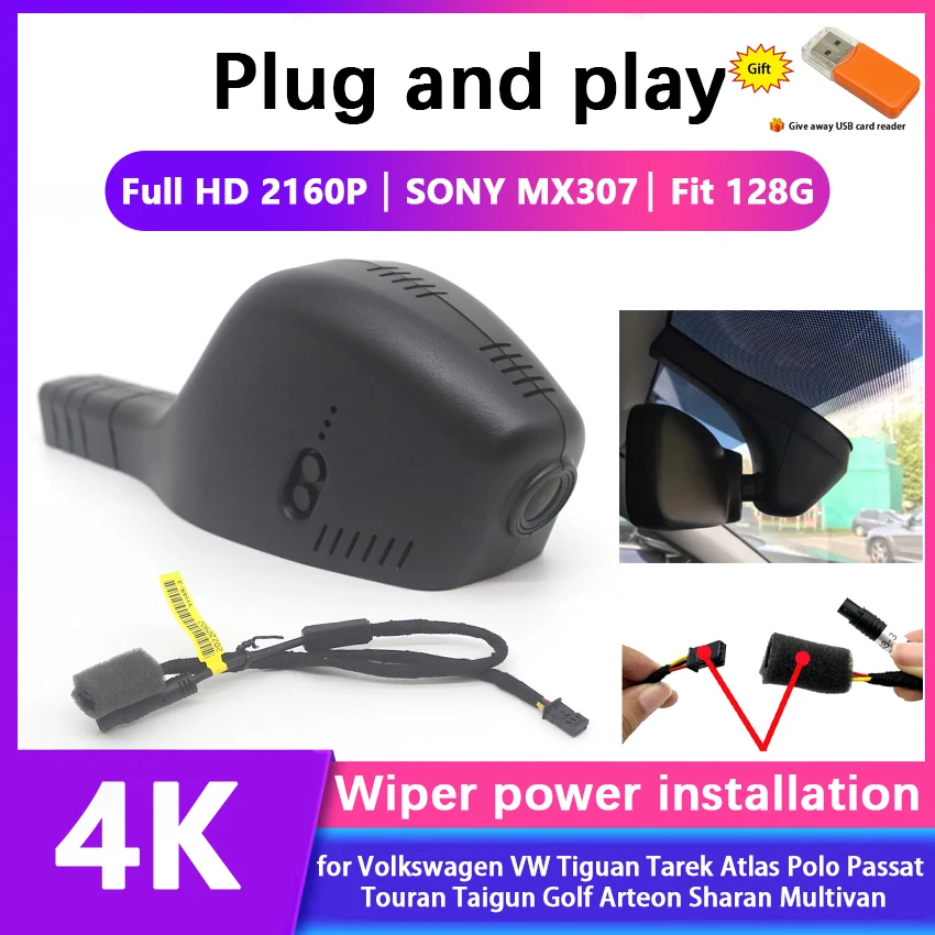Plug And Play Wifi Car Dvr 4K Dashcam Per Volkswagen Vw Tiguan Tarek Atlas Polo Passat Touran Taigun Golf Arteon Sharan Multivan