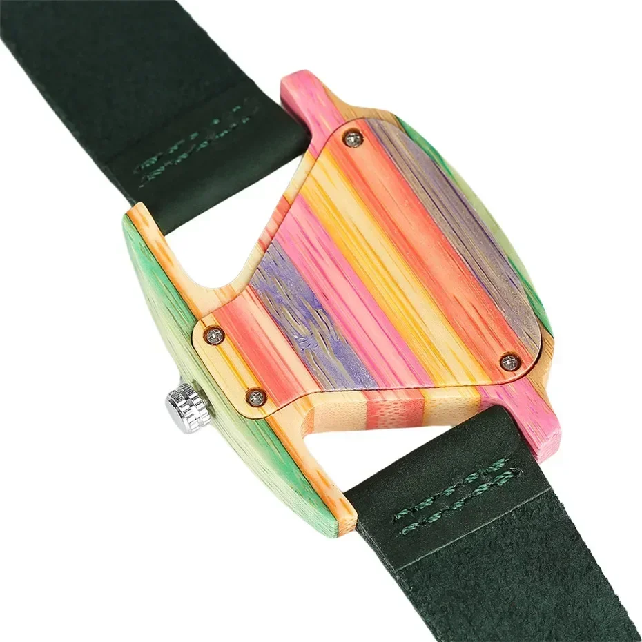 Unique Triangle Women's Wood Watch Creative Colorful Lady Green/ Red Genuine Leather Wristwatch Elegant Womens Watches Top Gifts 4