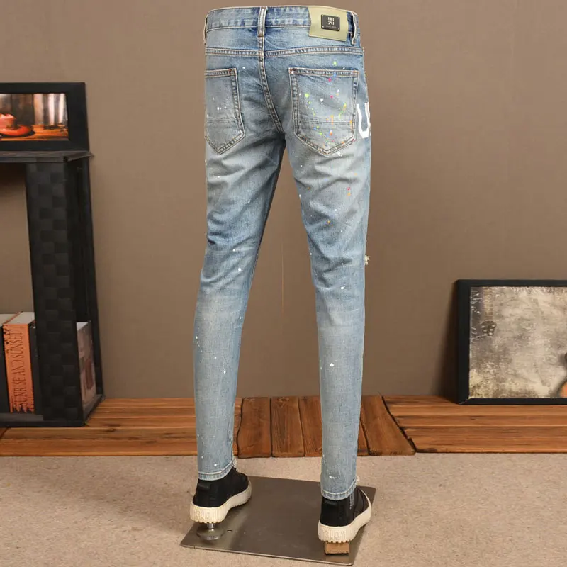 High Street Fashion Men Jeans Retro Light Blue Stretch Slim Fit Painted Ripped Jeans Men Printed Designer Hip Hop Denim Pants