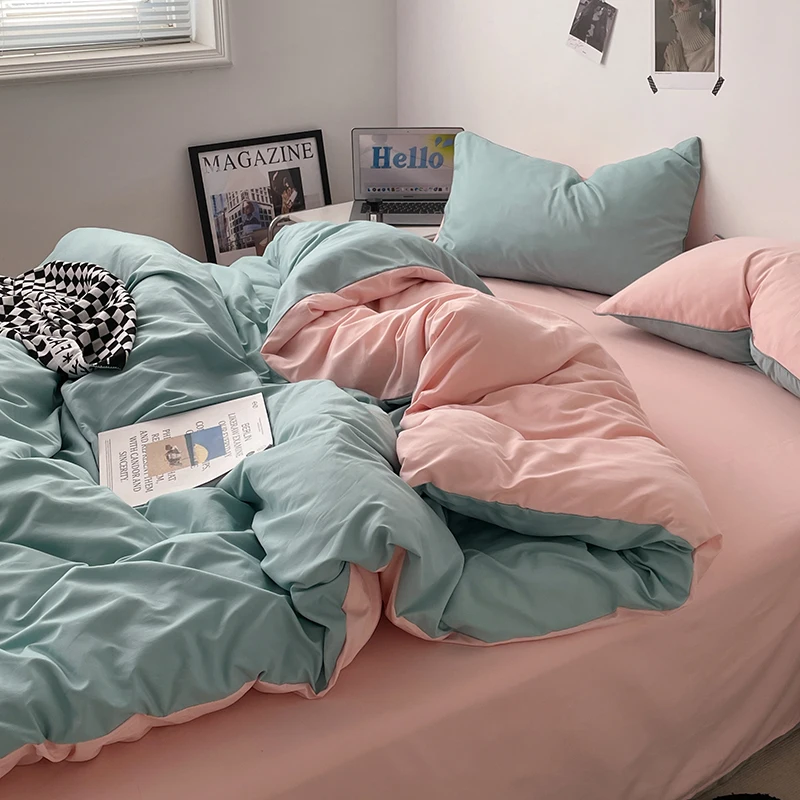 100% Cotton Pink Bedding Set Nordic Chic Duvet Cover Flat Sheet Pillowcase Soft Comforter Cover Bed Linen Boy Girl Home Textiles 3