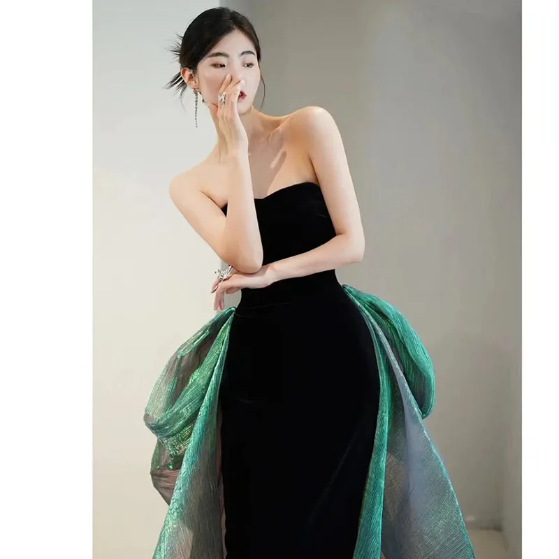 Elegant Black Velour Tube Top Evening Party Dress for Women Mermaid Formal Prom Party Gown