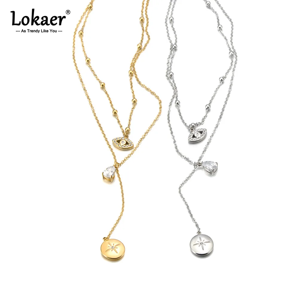 Lokaer-collar de cadena de doble capa para mujer, de acero inoxidable, con forma de ojo, estrella, Luna, Color dorado de 18k, circonita, resistente al agua, joyería diaria para mujer N25042