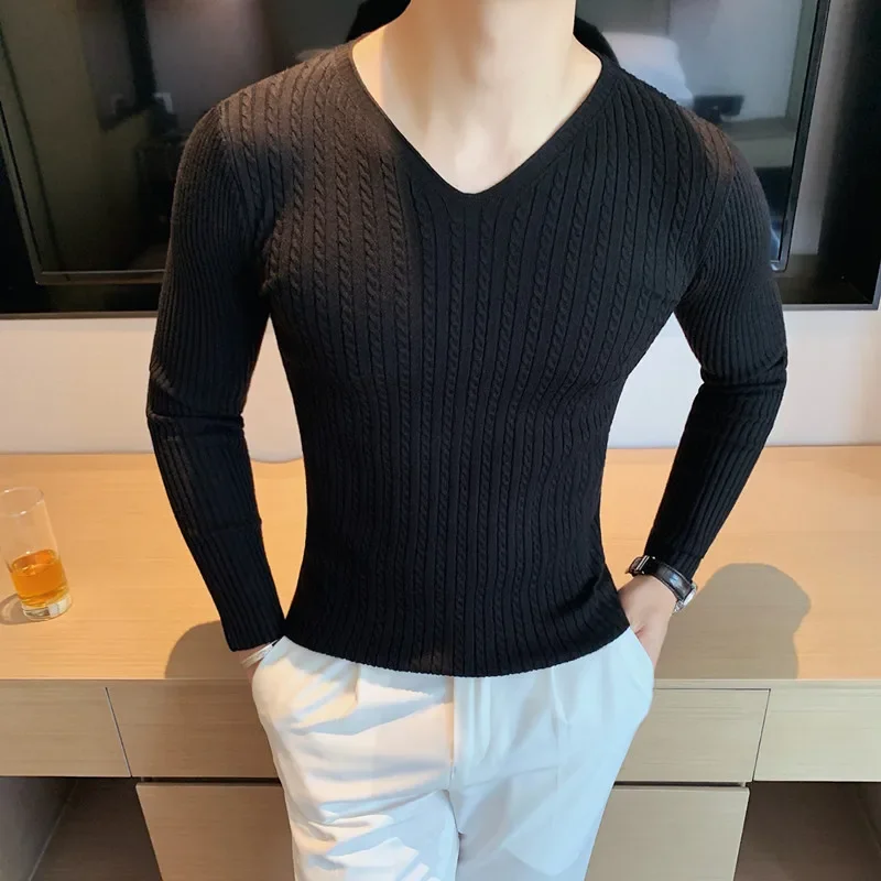 2024 Winter Sweaters Men Korean Fashion Streetwear V-Neck Sweaters Solid Color Men Cashmere Sweater Woolen Slim Trends S-3XL