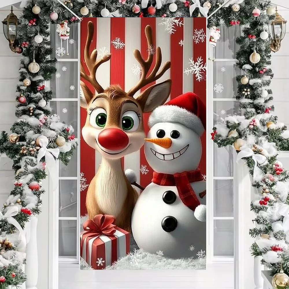 Tegooe Christmas Snowman Door Cover Banner - Festive Outdoor Front Door Decoration - Winter Holiday Theme Fabric Backdrop