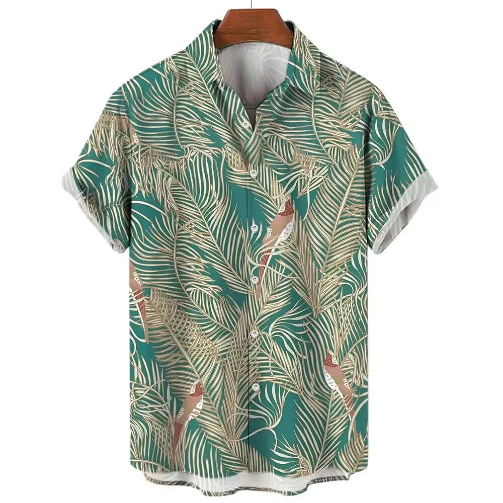 

New 3D tropical plant printed men's shirt, fashionable and loose fitting short sleeved summer refreshing shirt