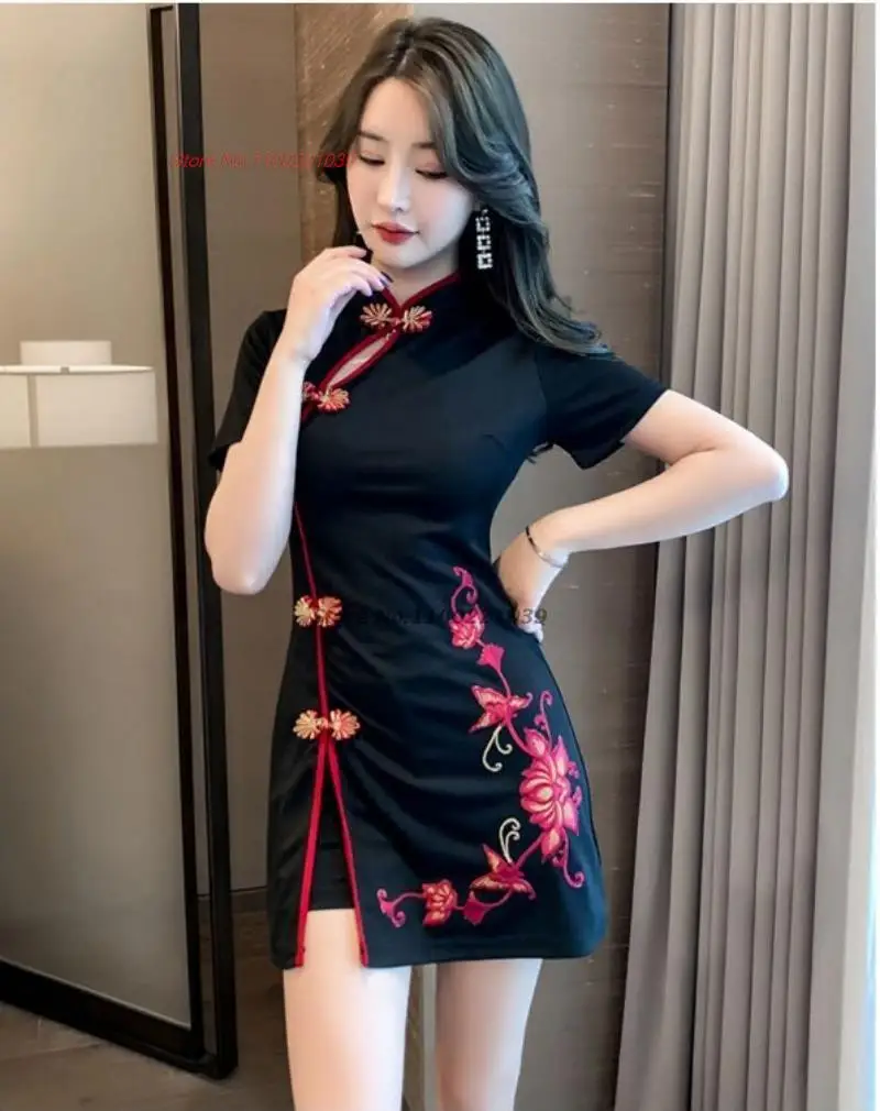 chinese qipao oriental party dress flower embroidery improved cheongsam nightclub banquet dress beauty spa uniform