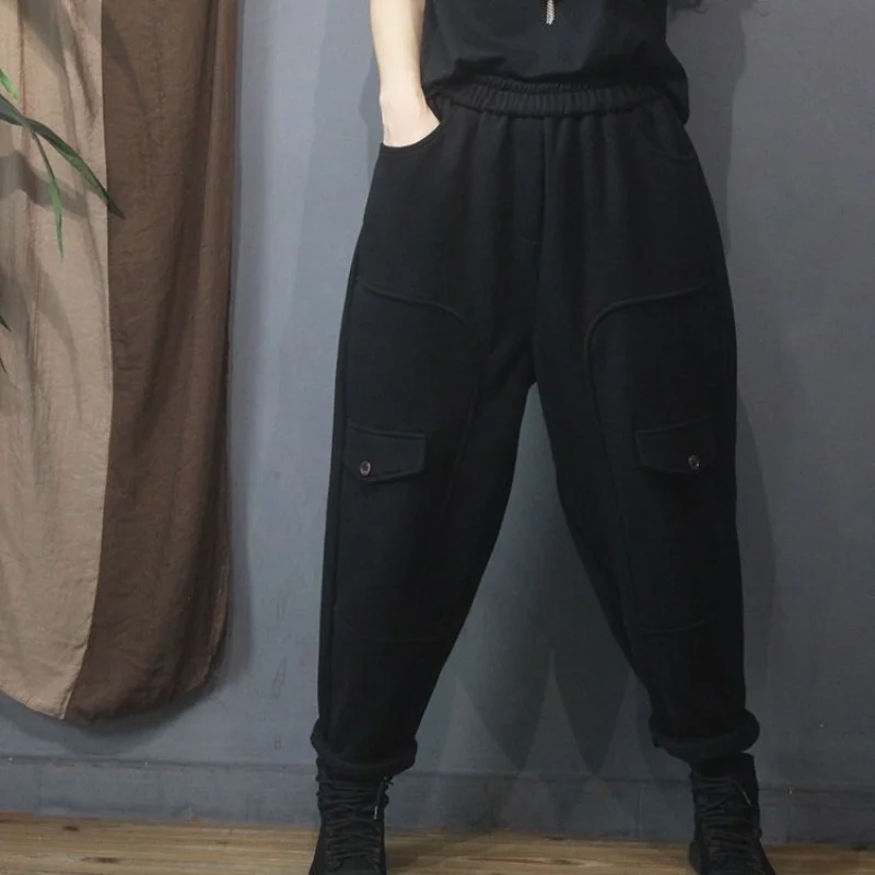 Women's Autumn Winter New High Waist Elastic Sports Pants Commuter Fashion Pocket Button Splicing Fleece Versatile Casual Pants