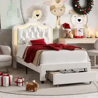 Twin Size LED Upholstered Bed Adjustable Headboard with Storage Drawer Music-Activated Crystal Button Tufted Platform Bed Kids 2