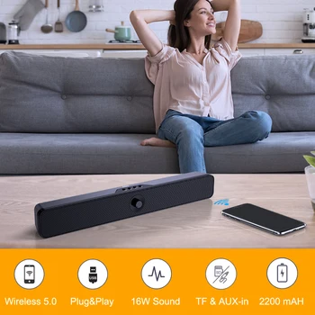 DOSS Computer Speaker Bluetooth Sound Bar 16W Stereo Bass Sound Music Box 20 Hours Playtime SoundBar for Laptop PC Smart Phone 2