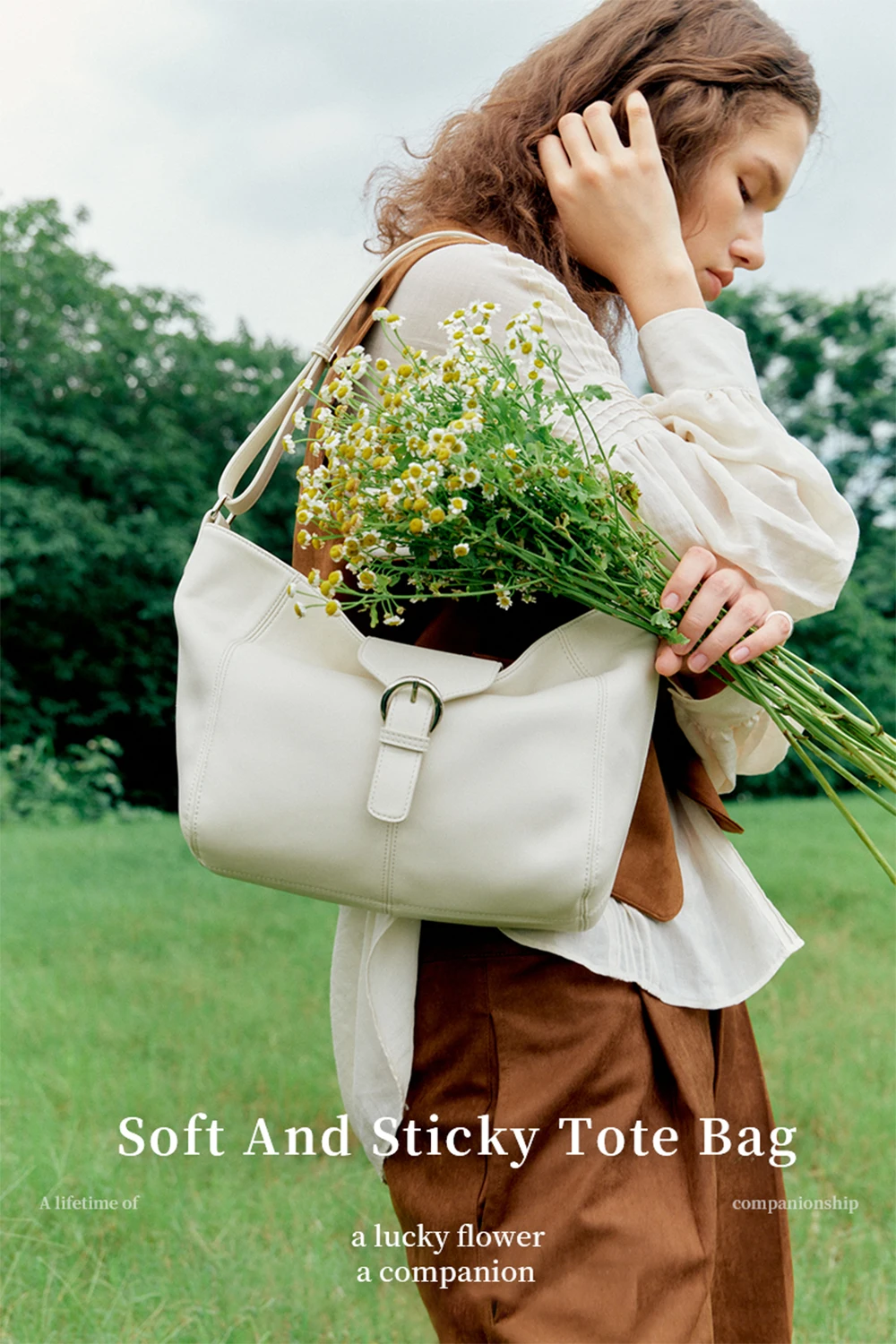 Side angle of leather tote