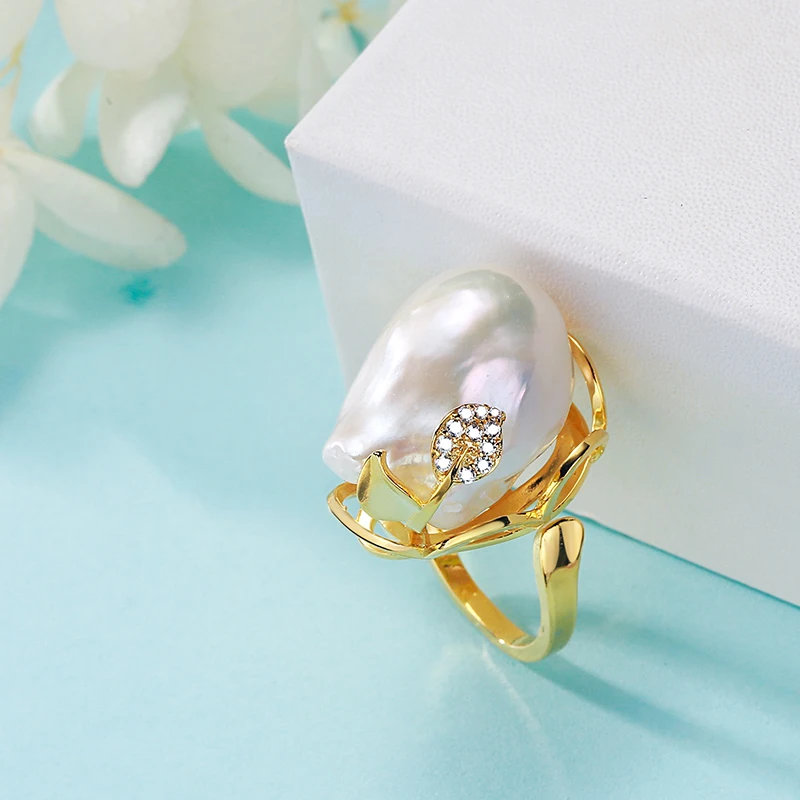 MULICHEN 12-14mm Freshwater Pearl Ring For Women Fashion Flower Shape Jewelry Gold Plated Inlaid Zircon Ring Free Shipping