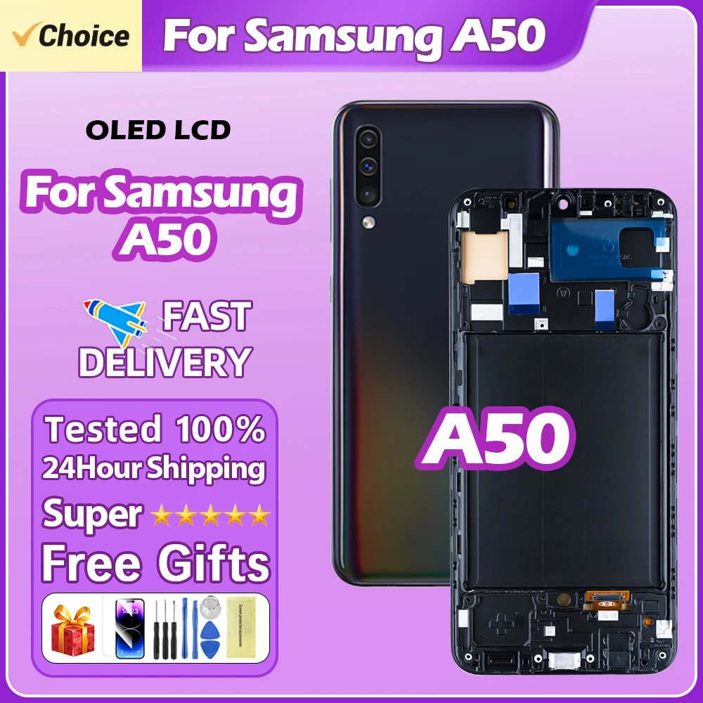 LCD 디스플레이 터치 스크린 디지타이저, 프레임 포함, 삼성 A50 SM-A505FN DS A505F DS A505, 100% 테스트 완료