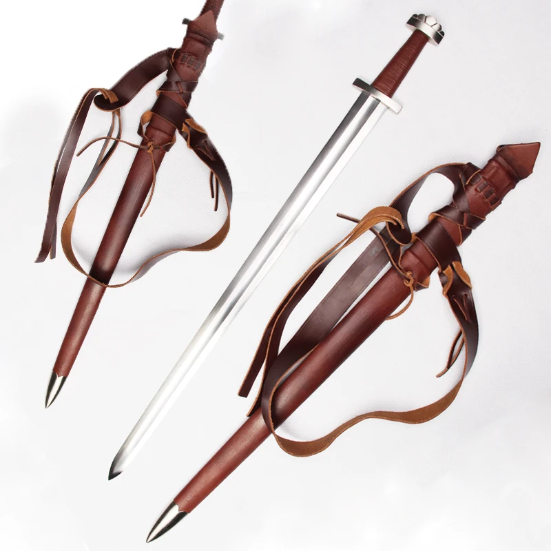 

Viking Medieval Sword Spring Steel Full Tang Blade Handmade Professional for Battle Wooden Sheath Wrapped With Real Leather