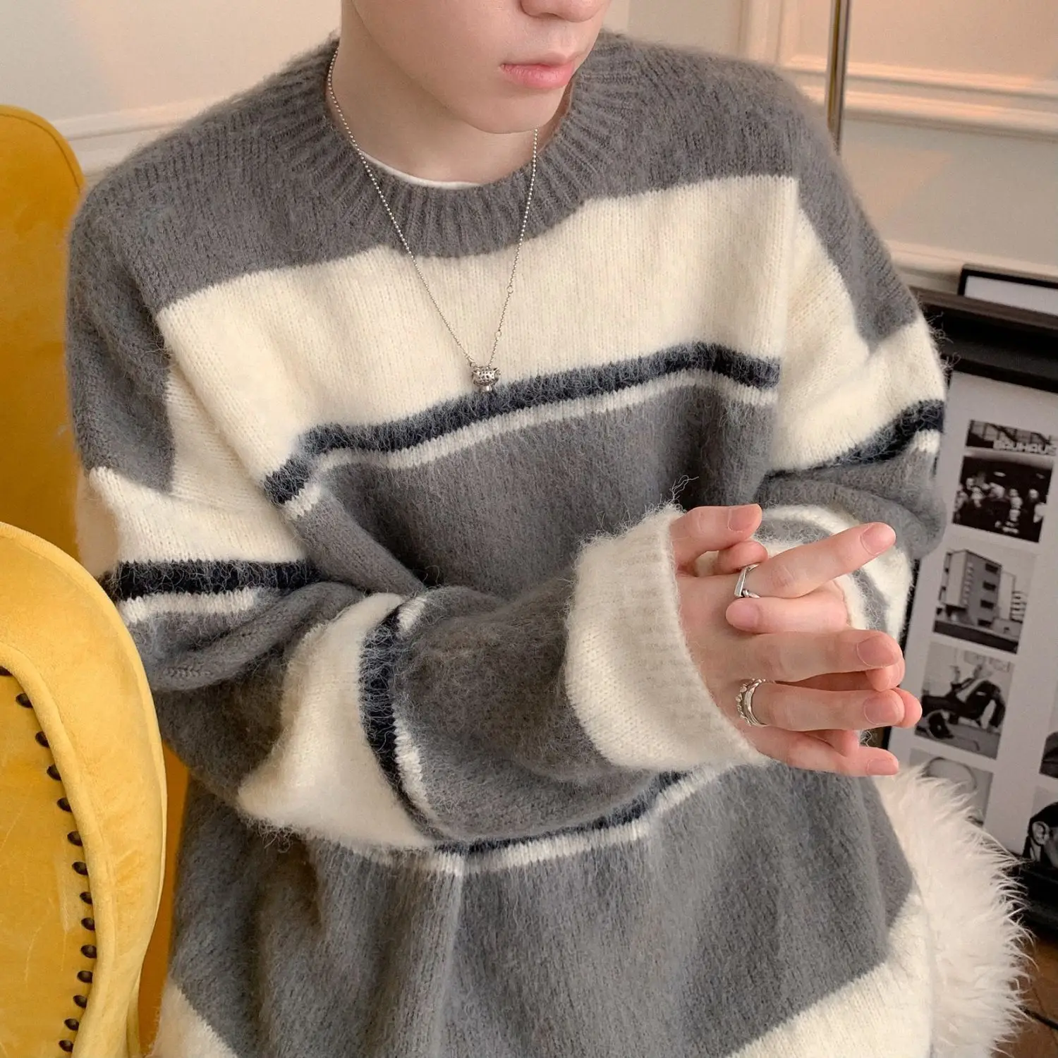 Soft Waxy Sweater Men's Autumn and Winter Thickened Striped Sweater Lazy Fashion Brand American High-end Couple Coat  Pullover