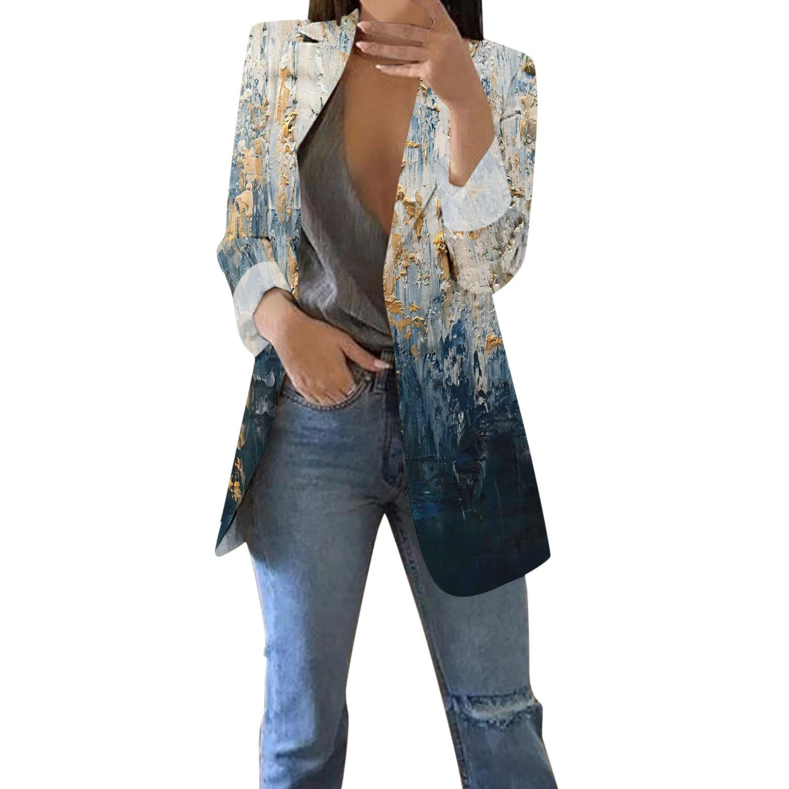 Women\'s Blazers Jacket 2023 Spring and Autumn Female  Oversize Office Long Sleeve 3D Printing  Coat Loose Casual Small Suit