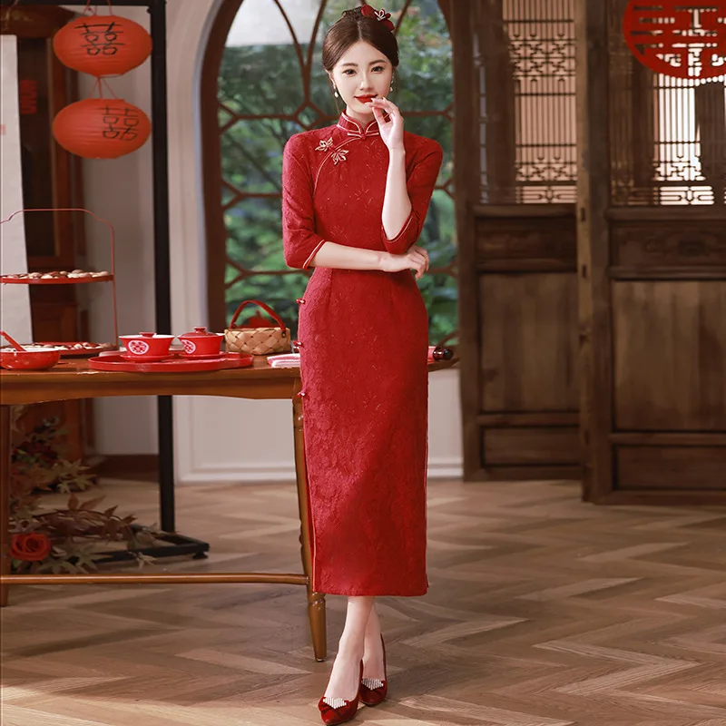 

Yourqipao Autumn 2023 Feather Yarn Composite Lace Improved Cheongsam Toasting Suit Young Girls Retro Long Qipao for Women Party