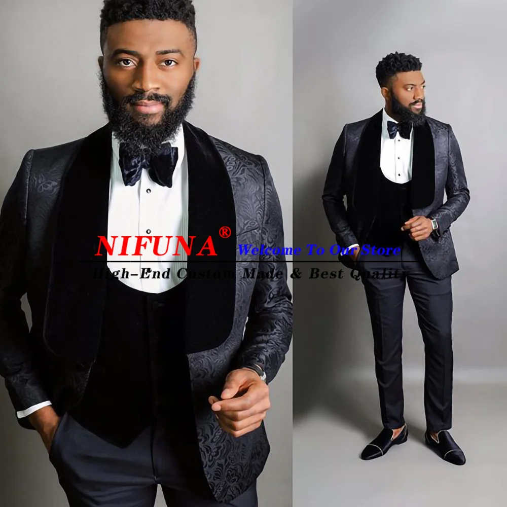 

Black Pattern Jacquard Men Suits 3 Pieces Velvet Shawl Lapel Groomsmen Tuxedo Jacket Slim Fit Wedding Prom Blazers Costume Homme