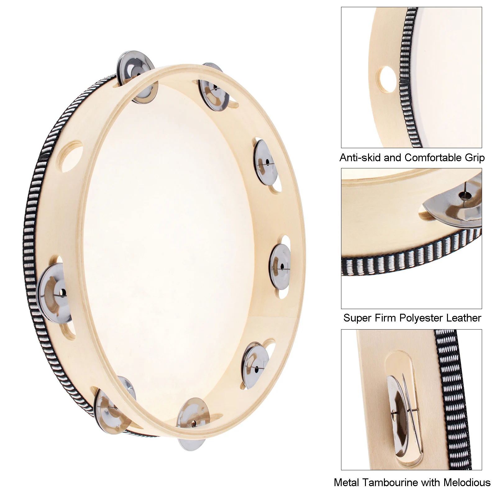 4 / 6 / 8 10 inch Hand Held Single Row Metal Jingles Wood Tambourine Musical Educational Rhythm Percussion Instrument Gifts