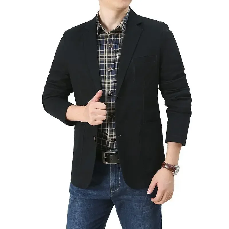 HOO New Men's Casual Denim blazer Stretch Loose Double Button