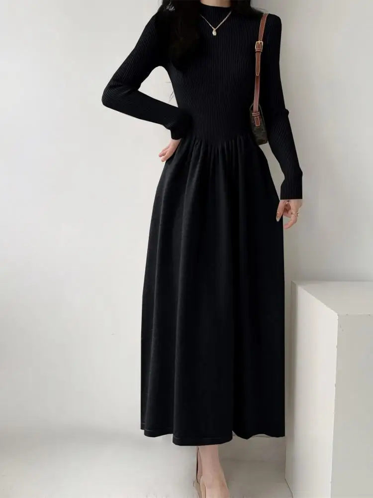 Autunno inverno solido sottile vestito lavorato a maglia donna moda coreana maglione manica lunga vestito femminile elegante pieghe abiti lunghi francesi 5