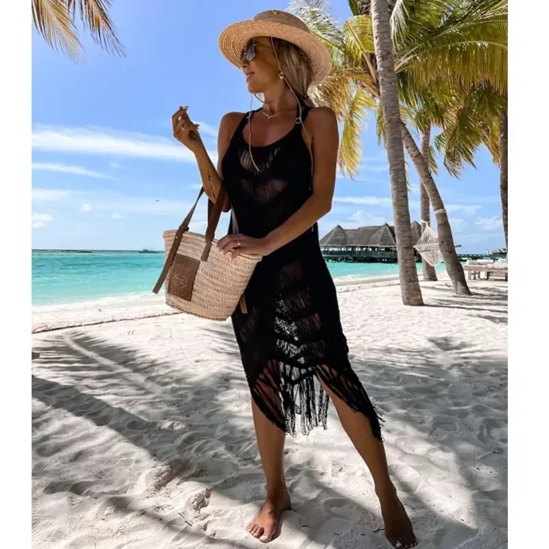 2024 White Crochet Tunic Bikini Cover-ups Sexy Hollow Out Dress for Women Summer Clothes See Through Beach Wear Tassel Cover Up