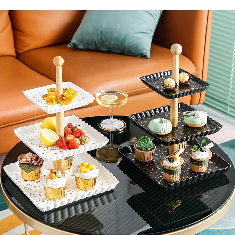 

Ceramic Cake Stands Bread Pastry Dessert Rack Wooden Stand Household Cake Tools Multilayer Square Fruit Plate Donut Storage Tray
