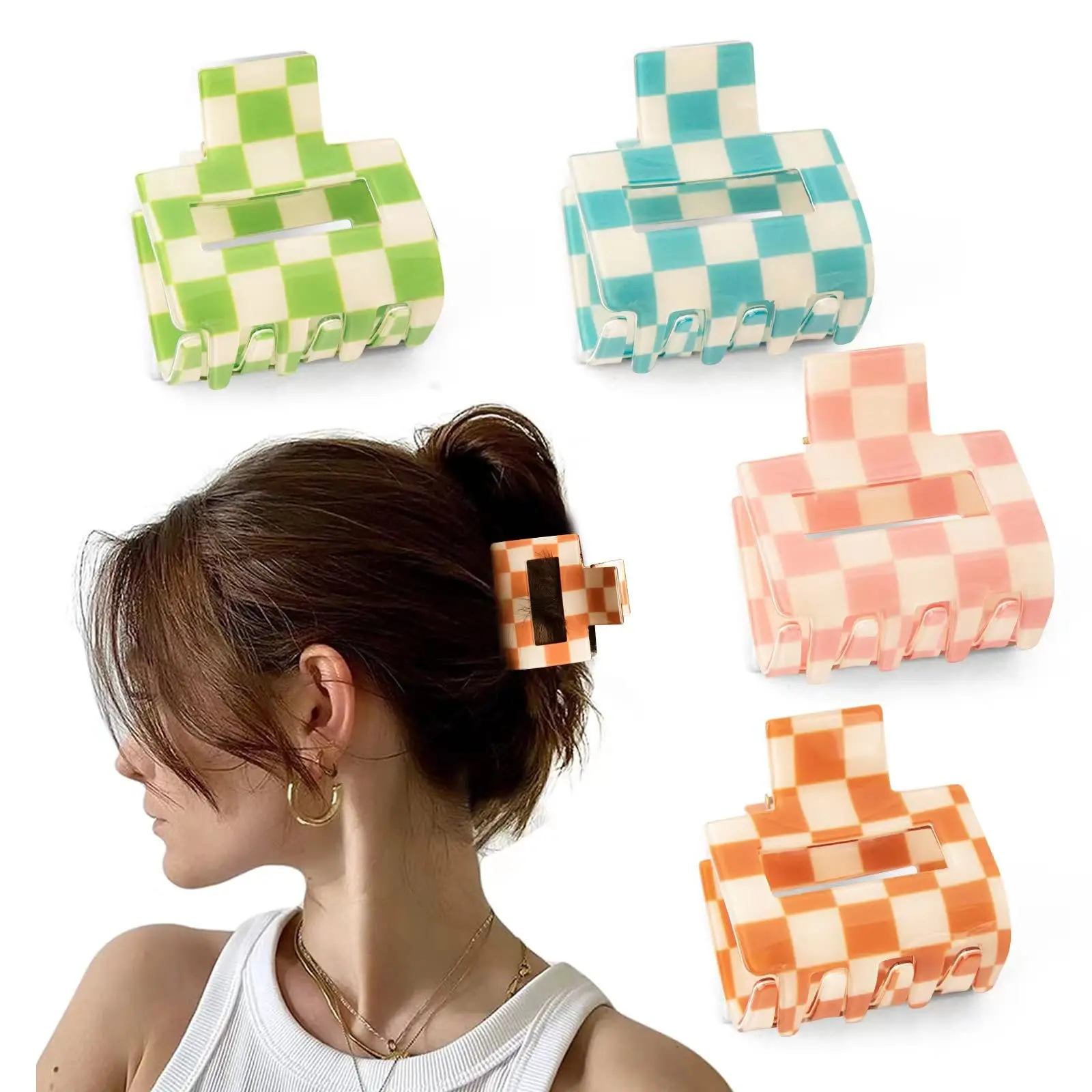 

Checkered Hair Claw Clips Strong Hold Rectangle Hair Claw Plaid NonSlip Catch Jumbo Hair Styling Accessories for Thin Thick Hair