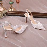 2025 Summer Lace Beaded Wedding Shoes Back Strap High Heels Bridesmaid Sandals For Women French Party Heels - Image 4