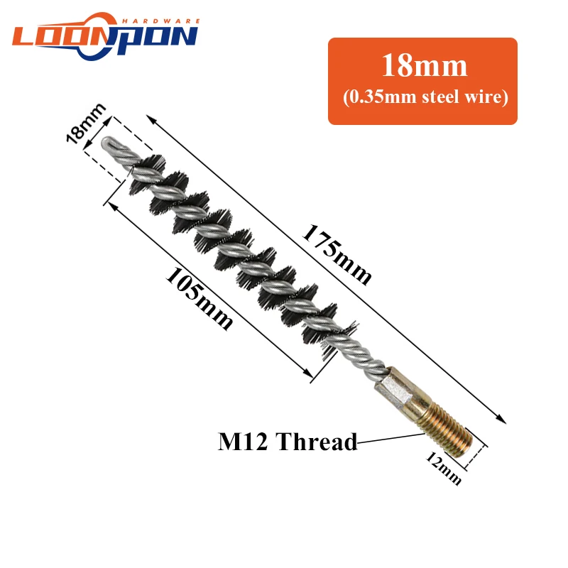Loonpon M12 Thread Wire Brush Metal Handle 18-75mm Brush Working Stainless Steel Wire Pipe Tube Cleaning Chimney Brush