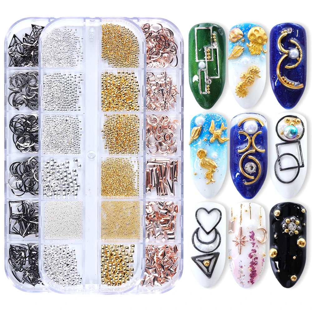 12 Gitter Gold Nail Art Legierung Nieten Meer 3D Dekorationen Muschel Stern Nagel Charm Metallrahmen Nieten Nagel Pailletten Zubehör – Detail 10