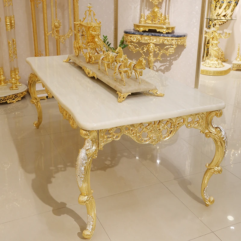 

Dining Room Furniture European Style Alloy Copper Gold Plated Metal White Natural Marble Top Long Dining Table