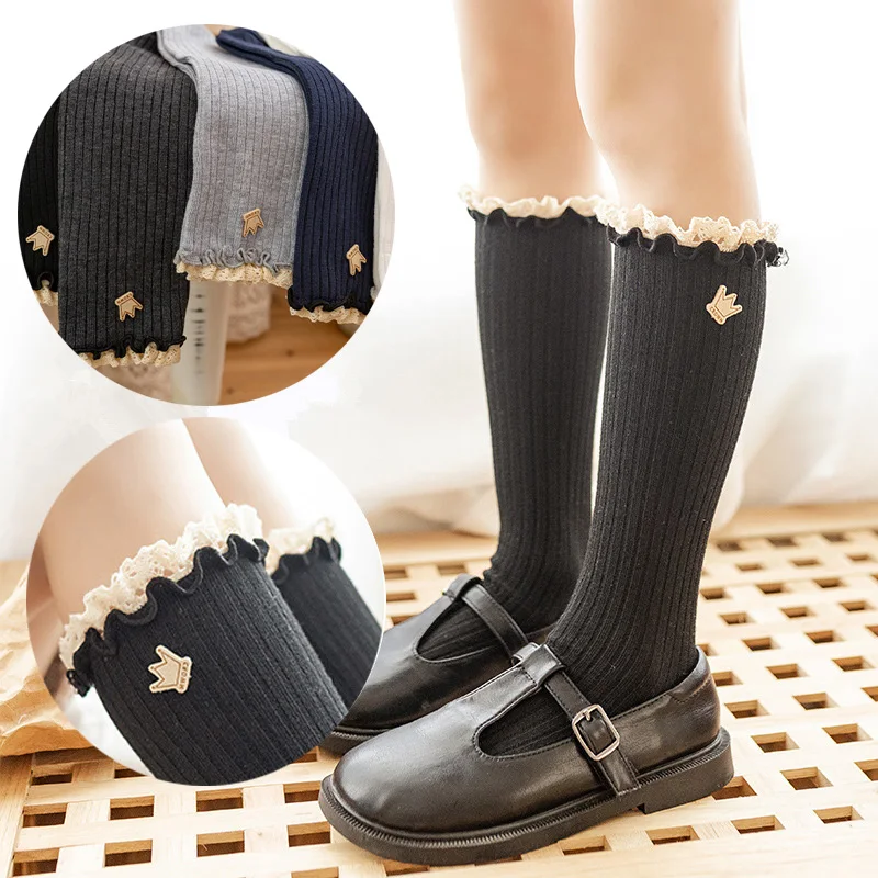 

New Girls Socks Ruffle Knee High Long Kids Socks Princess Soft Cotton Socken Lace Flower Children Girl Tube Socks For 3-13 Years