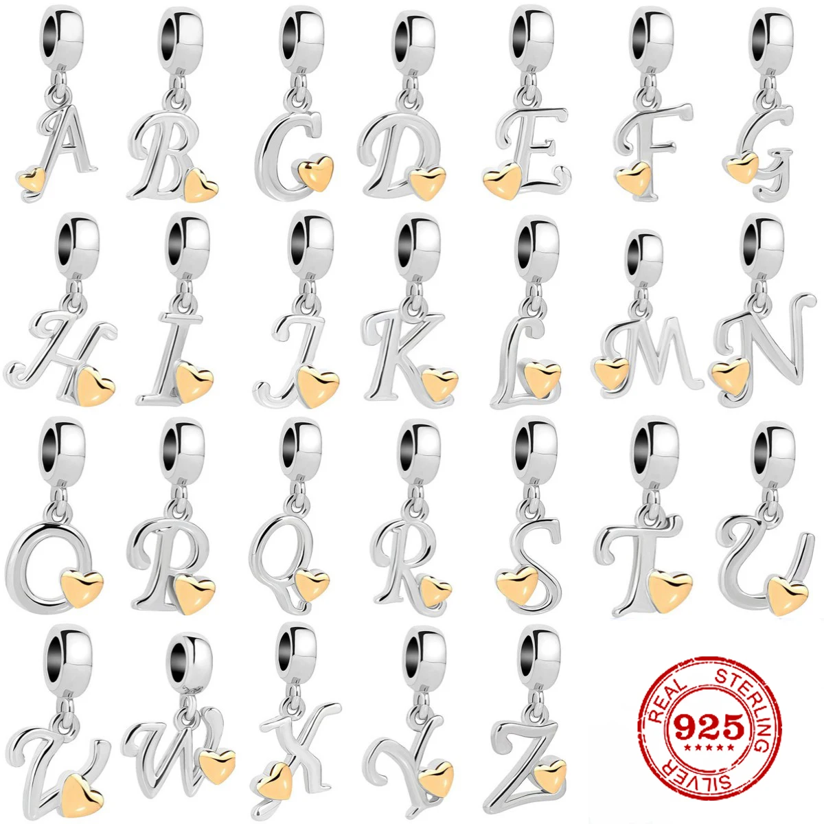 

925 Sterling Silve 26 Letter A~Z Yellow Heart Shape Beads Dangle Charms Fit Original Pandora Bangles Fashion DIY Jewelry Gifts