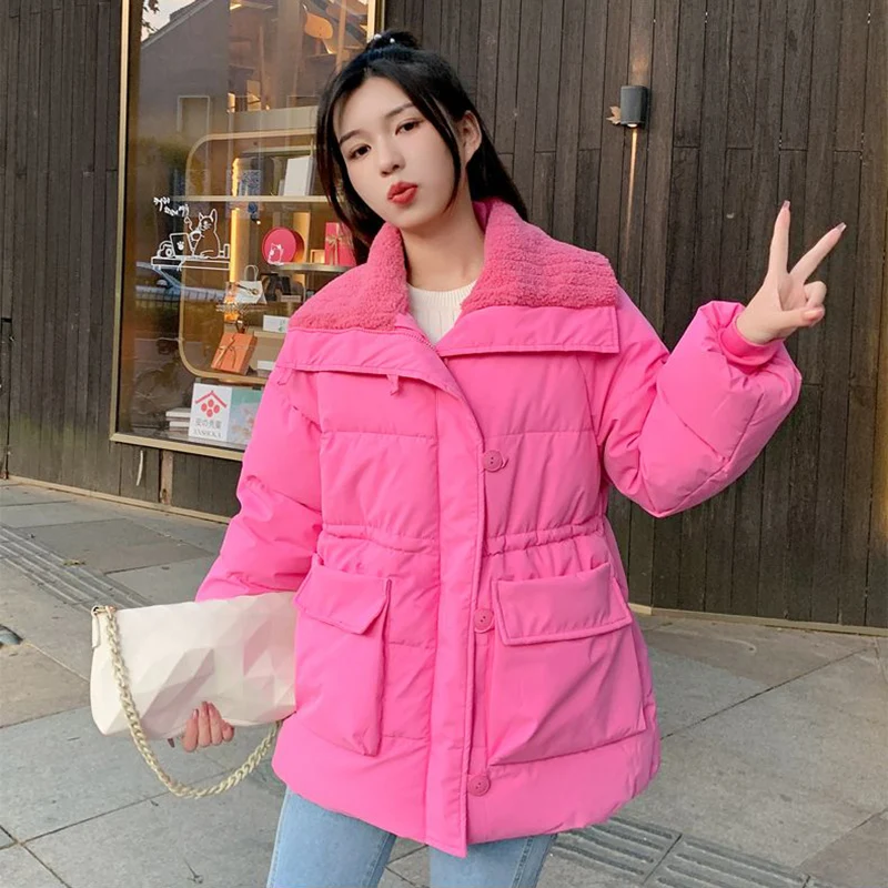 

Korean Trends Thicken Down Cotton Jacket Women 2023 New Winter Big Turn-Down Collar Parkas Woman Casual Loose Pockets Outwear