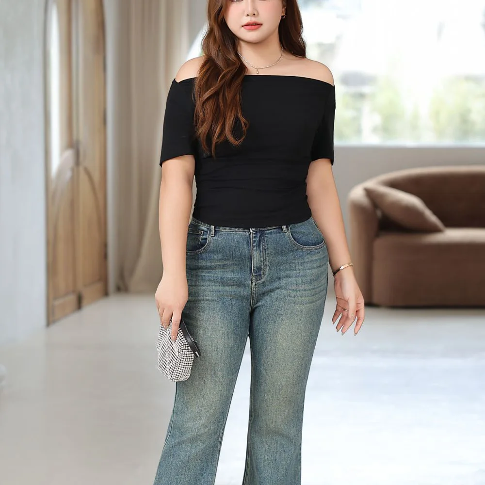 Plus Size Women Swing Collar Short Sleeved Tops Premium Summer Stylish Fold Waist Slim Tees Fashion Solid Color T-Shirt 9245