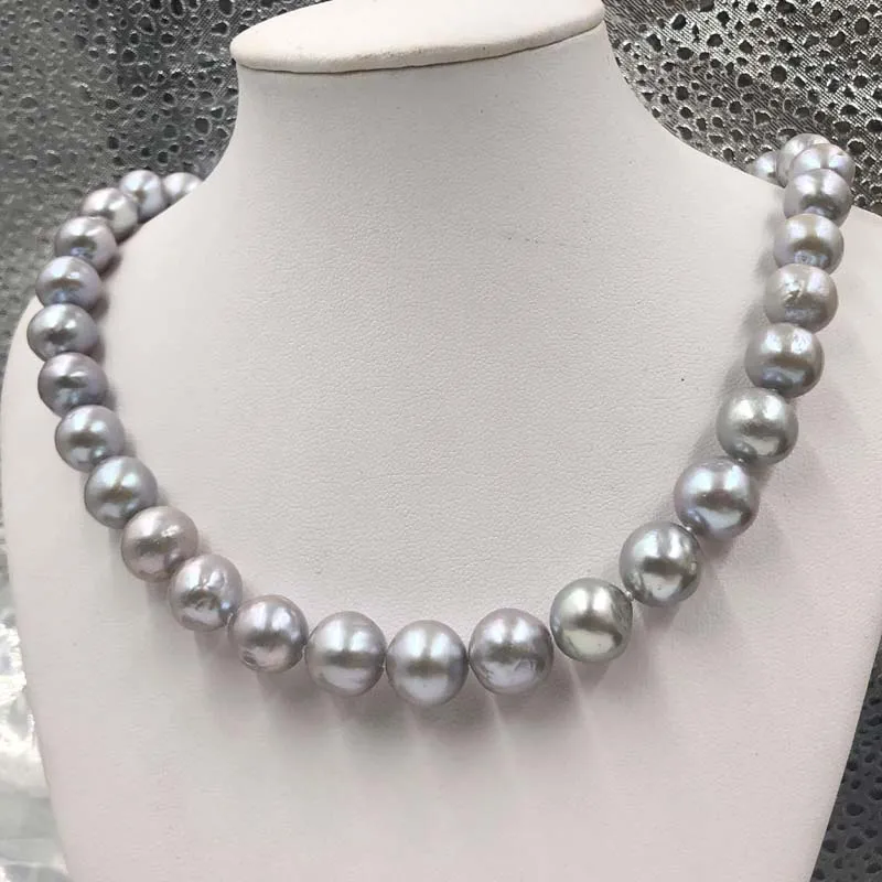 

{ELEISPL] 45cm 10-12mm Round Gray Freshwater Pearl Necklace Thick Beads Free Shipping #22010354