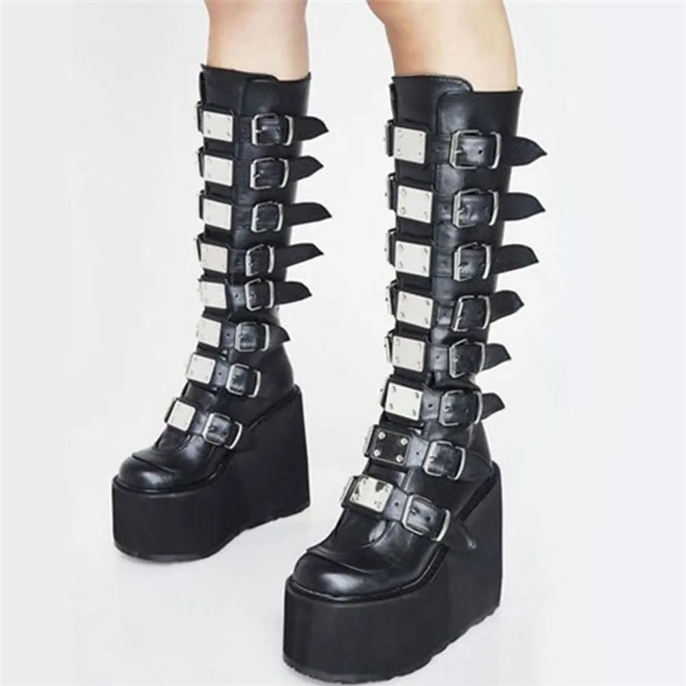 Brand Design Big Size 43 Black Gothic Style Cool Punk Motorcycles Boots Female Platform Wedges High Heels Calf Boots Women Shoes 