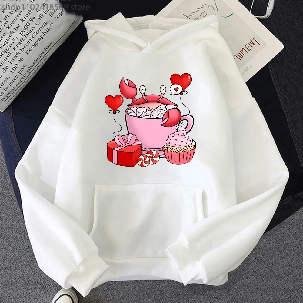 Cartoon Crab In Mug Hoodie Cute Valentine's Day Print Sweatshirt Men Y2k Clothes Harajuku Tops Kawaii Girls Streetwear for Women