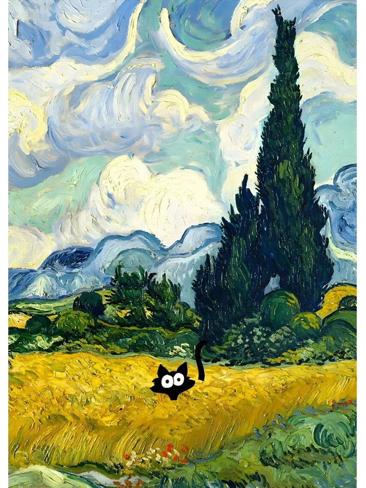 Starry Night Cat-Inspired Canvas Print: Humorous Wall Art Decor