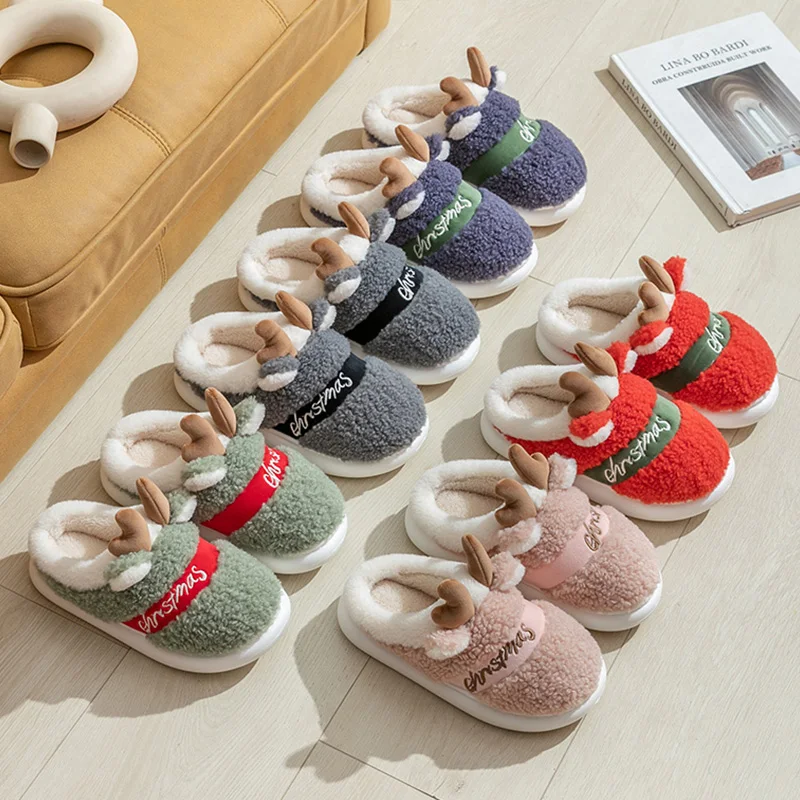 Winter Cotton Warm Plush Fur Antiskid Christmas Slippers Deer Antler Cotton Mops Outdoor Breathable Sole Soft Home Couples Shoes 6