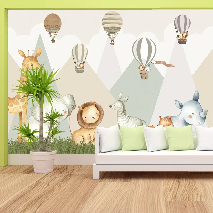 Custom Self Adhesive Accepted Cartoon Jungle Animals Baby\'s Bedroon Contact Walls Papers Home Decor Wallpapers for Living Room