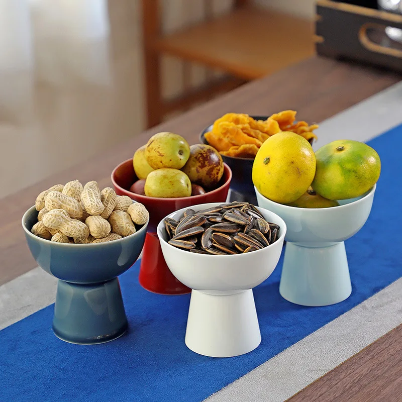 Ceramic Tall Fruit Snack Tray Household Multi-color Round Nut Pastry Storage Tray Dessert Salad Bowl Tableware Home Decoration