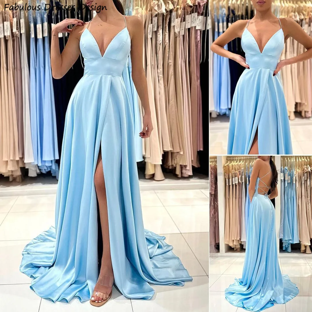 

Blue A-line Long Prom Dresses With Slit Spaghetti Straps V-neck Criss-cross Backless Sweep Train Evening Dress Women Party Night