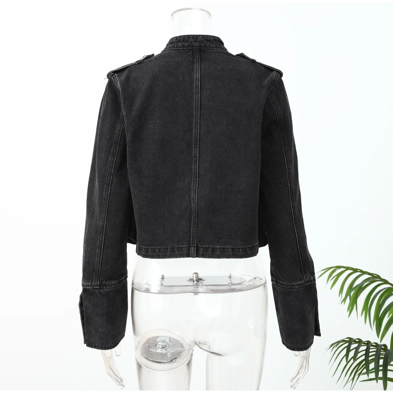 Vintage Denim Military Jacket Women Retro Solid Round Neck Single Breasted Slim Crop Coat 2026 New Lady Daily Street Outerwear 17 S149d79290b9f4bcbada8713c5757c750L
