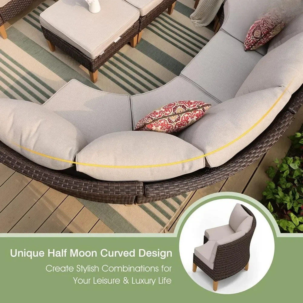 7 Pieces Wicker Patio Furniture Set, All-Weather Rattan Outdoor Conversation Half-Moon Curved Sectional Sofa Set for Garden 5