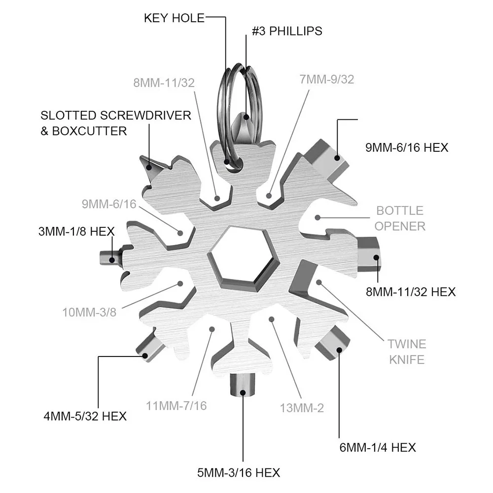 18-in-1 Multi Function Keychain Tool Stainless Steel Snowflakes Herramienta 18 En 1 Multifunctional Copo De Nieve Llave Multiusos