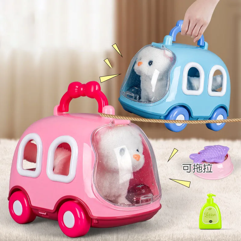Children Play House Toys Simulation Electric Cute Kitten Handheld Cage Plush Rabbit Toys Will Bark and Jump Pet Animal