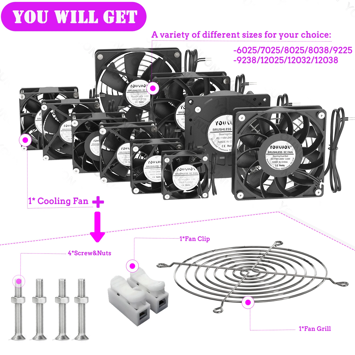 Cooling Fan 1PCS EC Brushless Fan 6025/8025/9225/12025/12038/12032 AC 110V 115V 120V 220V 240V AC Axial