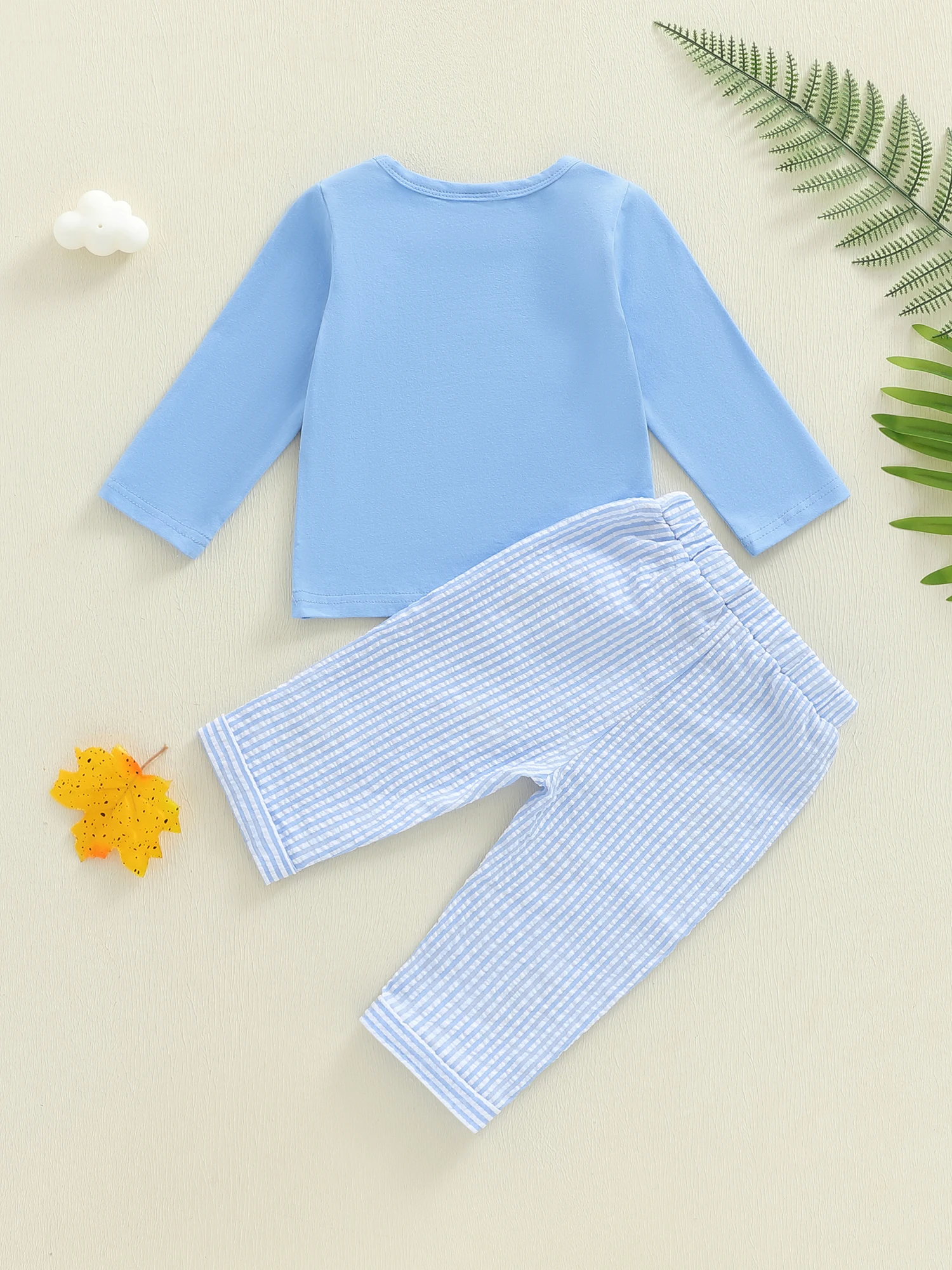 Cute Toddler Boy Autumn Clothes Dino Embroidery Sweater Striped Pants Set with Elastic Waistband for Playtime