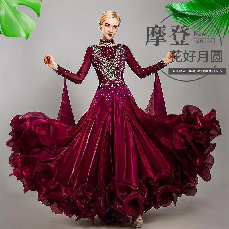 Diamond Studded Modern Dance Performance Costume Ballroom Dance National Standard Big Swing Dress girl dance costume